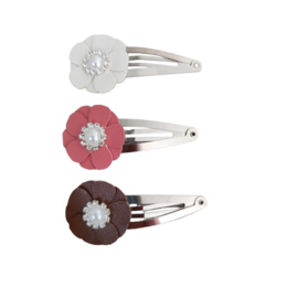 Set of 3 flower-shaped hair clips in white, pink, and brown colors. Featuring a decorative flower design with a small crystal accent in the center. Suitable for kids' hairstyles.