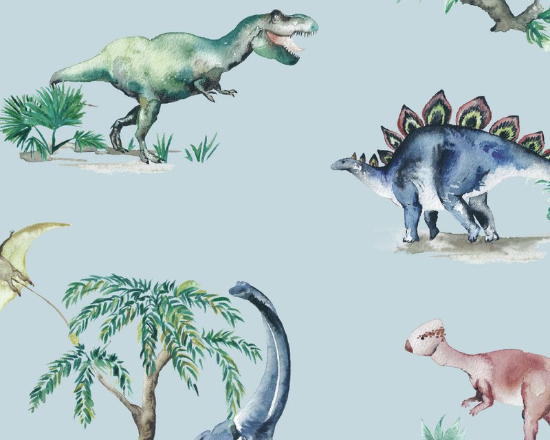 Carta da parati per bambini Dinosauri - Colore azzurro