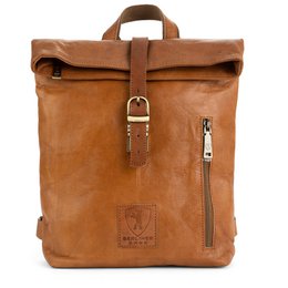 A large, brown leather backpack with a buckle closure and multiple pockets. The backpack has a sturdy, rectangular shape and appears to be made of high-quality materials.