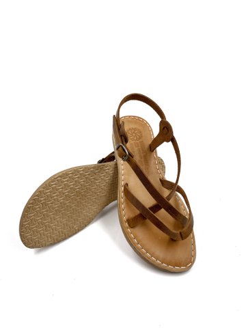 Bruin lederen sandalen met bandjes voor dames, platte leren sandalen met gespleten neus, handgemaakte Griekse sandalen van echt leer, sandalen met enkelbandjes