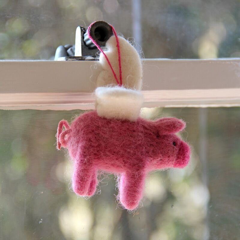 Handmade Fair trade Needle Felt Flying Pig Keyring