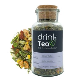 Organic Good Night Tea Sleep Tight in a cork glass container. The tea contains a blend of herbs and flowers for a relaxing bedtime beverage.