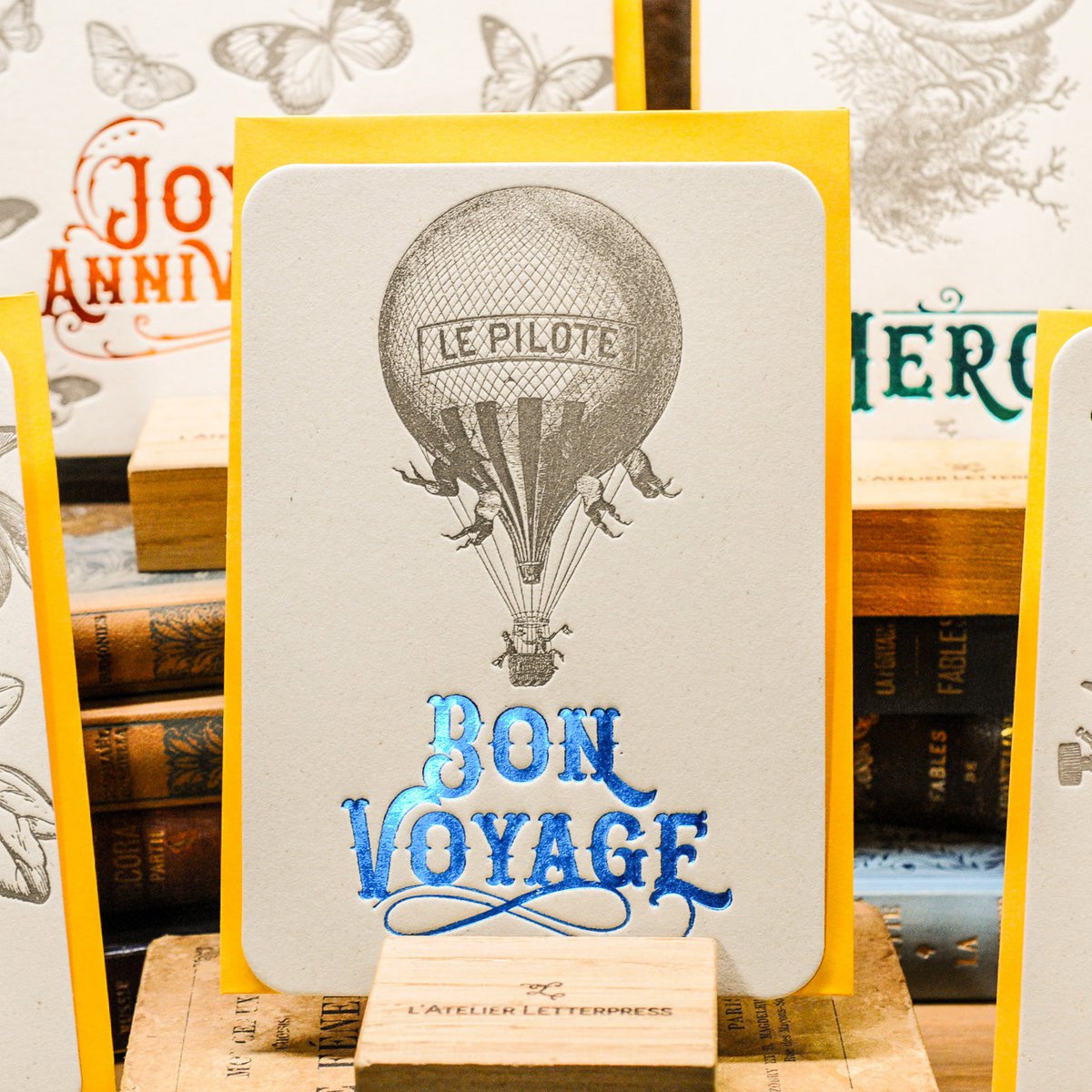 Hot Air Balloon Letterpress Card, blue (with envelope)