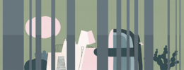 Striped khaki and pink wallpaper with abstract shapes and patterns, suitable for a kids' room.