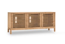Tanner Console de médias en bois de cendres à trois portes en lin