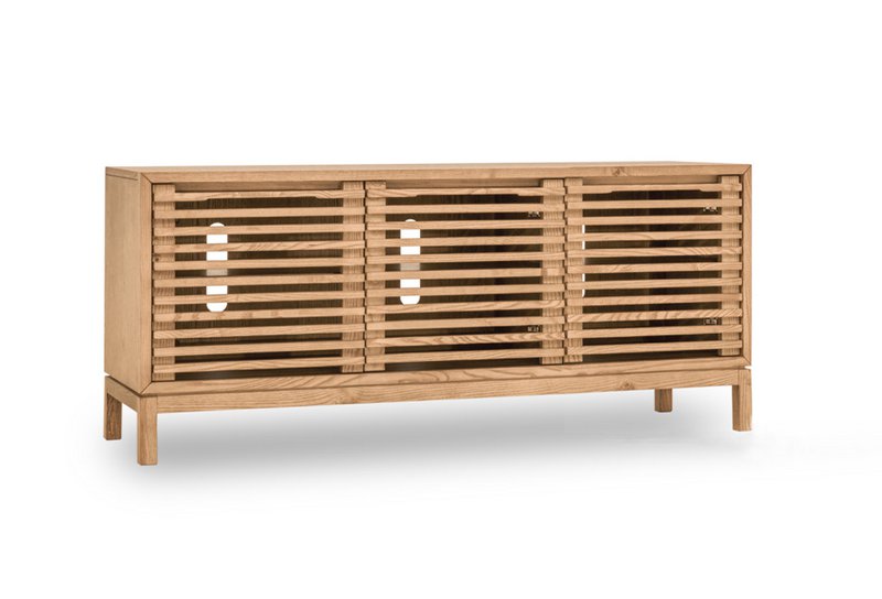 Tanner Console de médias en bois de cendres à trois portes en lin