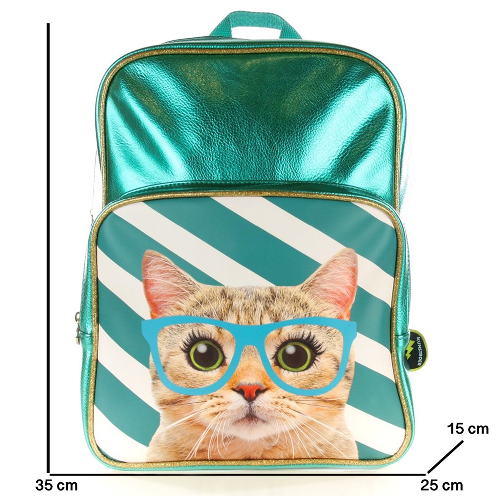 Backpack Cat with blue-green glasses