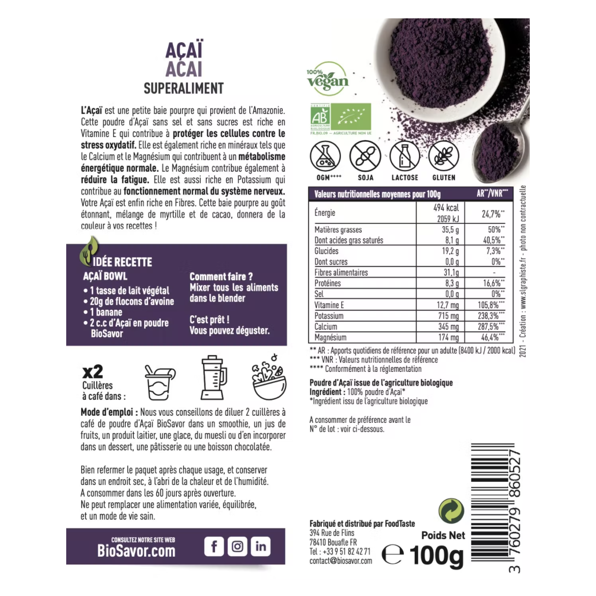 AÇAÏ BIO EN POUDRE - 100G - COMPLÉMENT ALIMENTAIRE