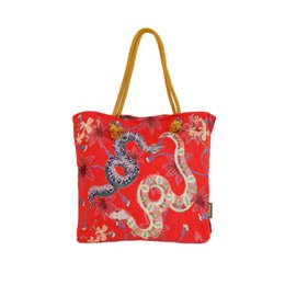  A large, vibrant red tote bag with a colorful floral and snake print design. The bag has a yellow strap and is made of a durable, textured material.