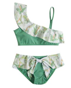 Asymmetric baby girl bikini top in green with printed appliqués F15-23203046