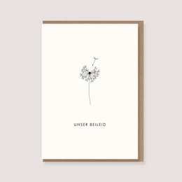 Folding card with envelope featuring a simple dandelion illustration and the text "Unsere Beleid" (Our Condolences) in a minimalist, elegant design. Suitable for sending condolences.