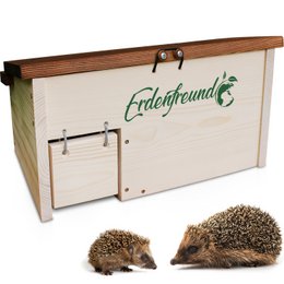 "Wooden hedgehog house with rat flap, designed for bird feeders. Features a natural, earthy color scheme and a simple, functional design."