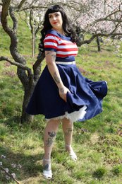 EU Stock Darlene Retro Swing Dress in Navy med røde og hvide striber
