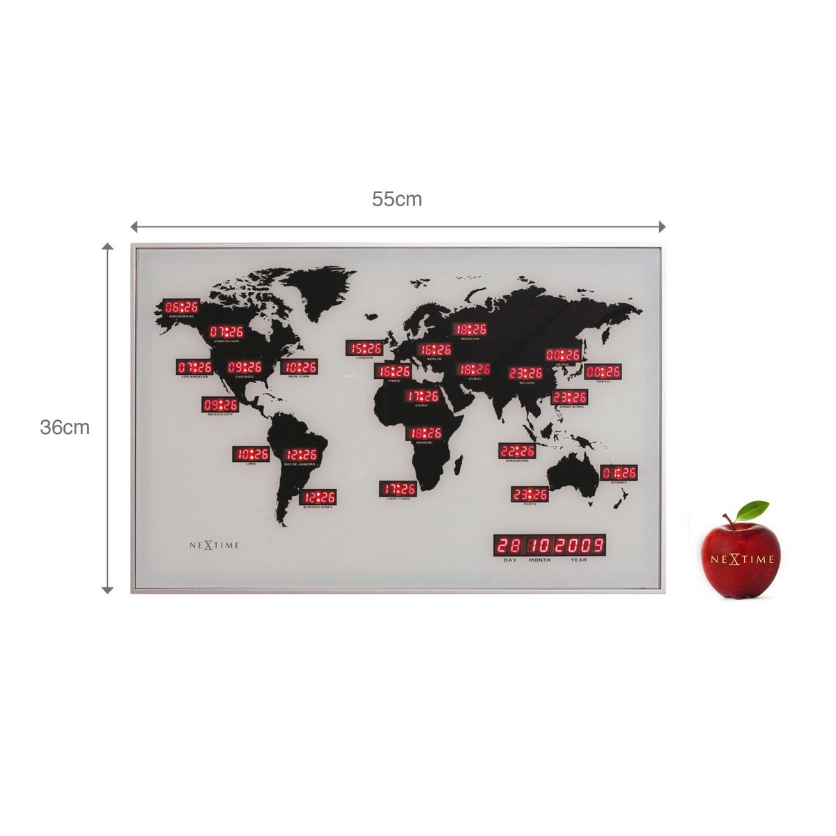 Vægur - 55 x 36 x 4 cm - Glas - Aluminium - Verdensur - 'World Time Digit'