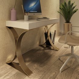A modern, minimalist desk with a white top and curved wooden legs, providing a stylish and functional workspace.