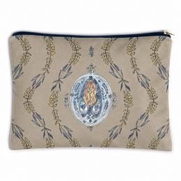 Beige linen pouch with blue floral medallion and delicate leaf vine pattern design.