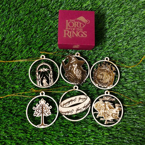 Set mit 6 hölzernen Herr der Ringe-Weihnachtsornamenten, Geek-Geschenk, Weihnachtsbaumschmuck, Wohndekoration, umweltfreundliche Weihnachtsdekoration, LOTR