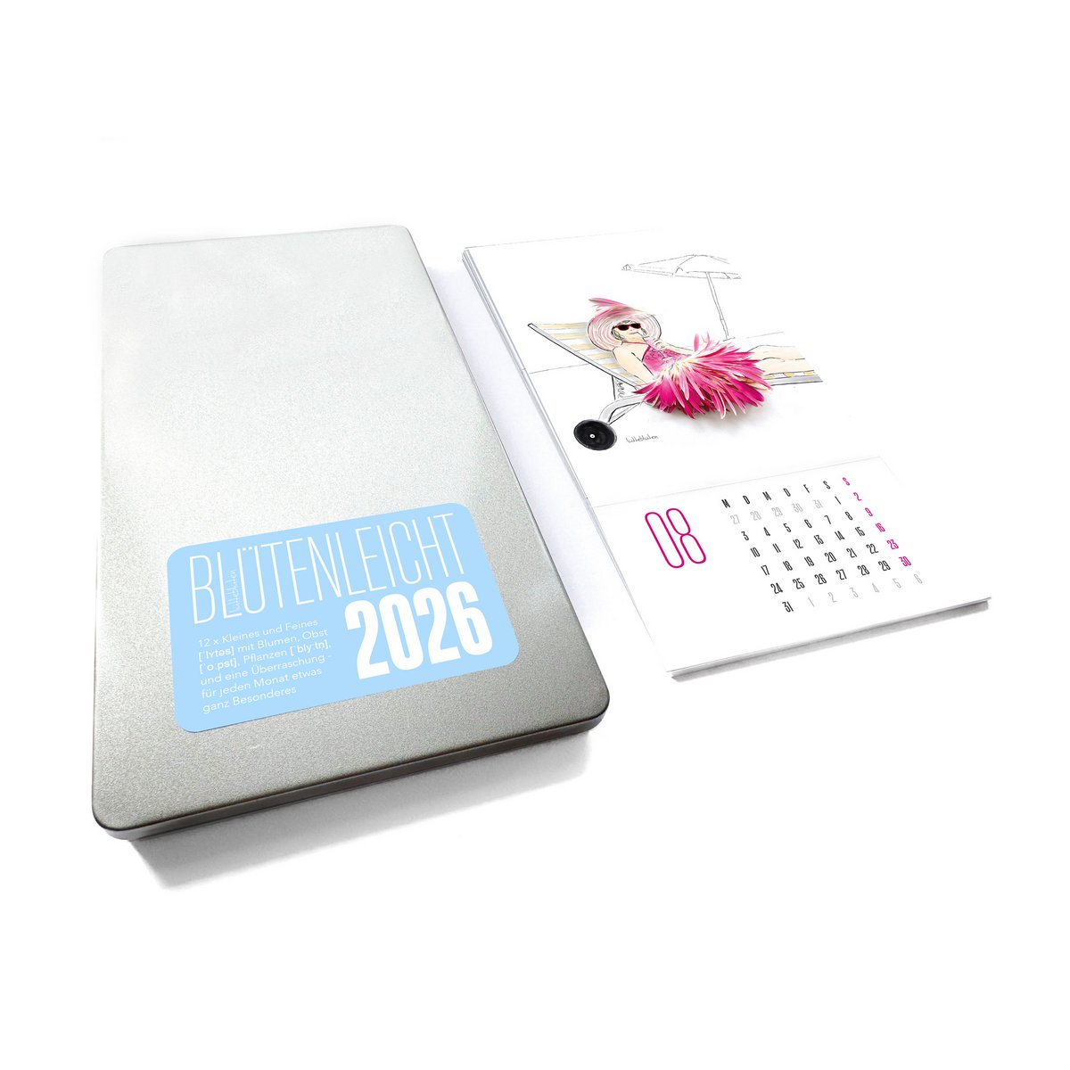 Jaarkalender 2026 met ansichtkaarten - illustraties - metalen doos - 12 motieven - om op te zetten en op te hangen
