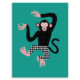 Colorful poster featuring a whimsical illustration of a black monkey with a patterned body and expressive hands. The monkey is set against a teal background, creating a vibrant and playful design.