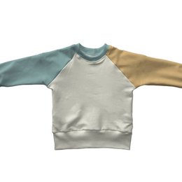A colorblock kids' sweater in shades of blue, gray, and tan. The sweater has a crew neck and long raglan sleeves. The fabric appears to be a soft, cozy material suitable for cool weather.
