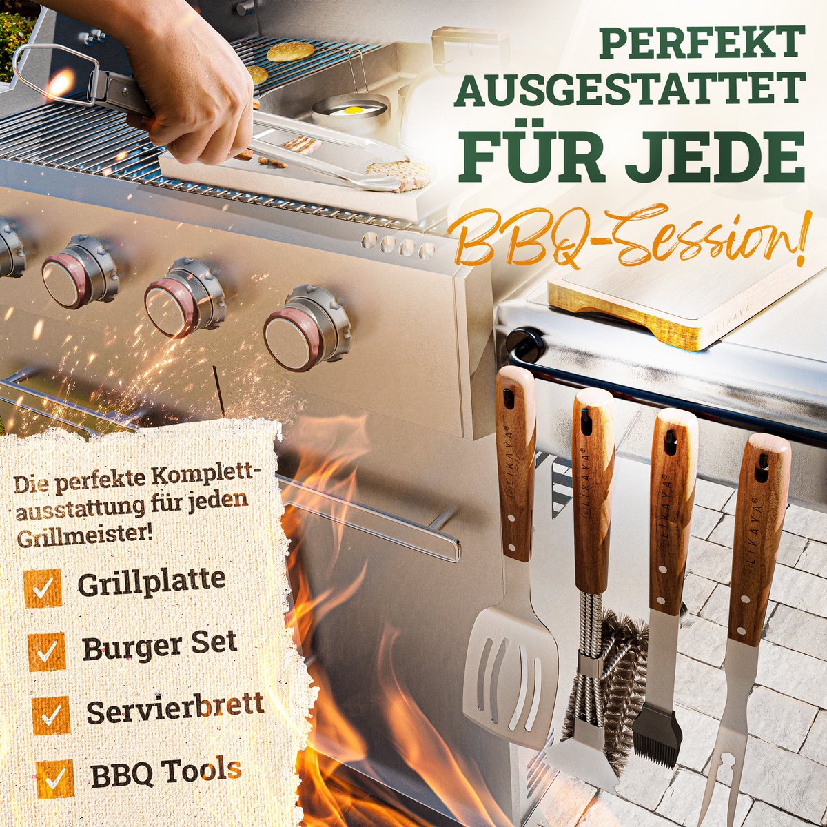 Ensemble de couteaux de grill premium en acier inoxydable avec poignée en bois Acacia