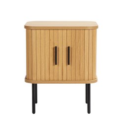 Wooden bedside table with two doors, featuring a natural wood grain finish and black metal legs.