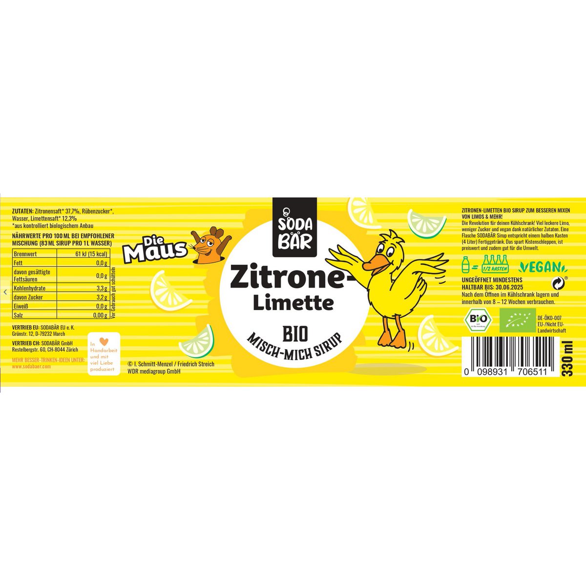 Sirup Maus Bio Zitrone-Limette > bis zu 4 L Getränk mischen, 100% Bio, 100% lecker und 100% Maus