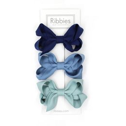 Set of 3 medium-sized looped hair bows in navy blue, French blue, and aqua colors. Suitable for kids' hair accessories.