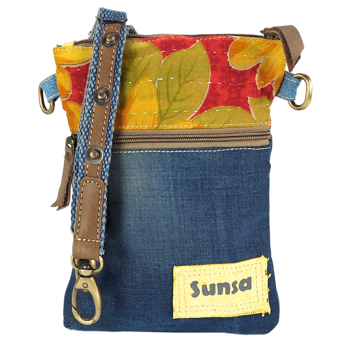Petit sac bandoulière femme Sunsa. Sac bandoulière en jean et toile upcyclés. Sac à main style rétro vintage. Sac bandoulière pour femme.