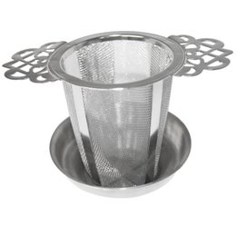 Stainless steel tea strainer with drip tray, tall design for brewing loose leaf tea.