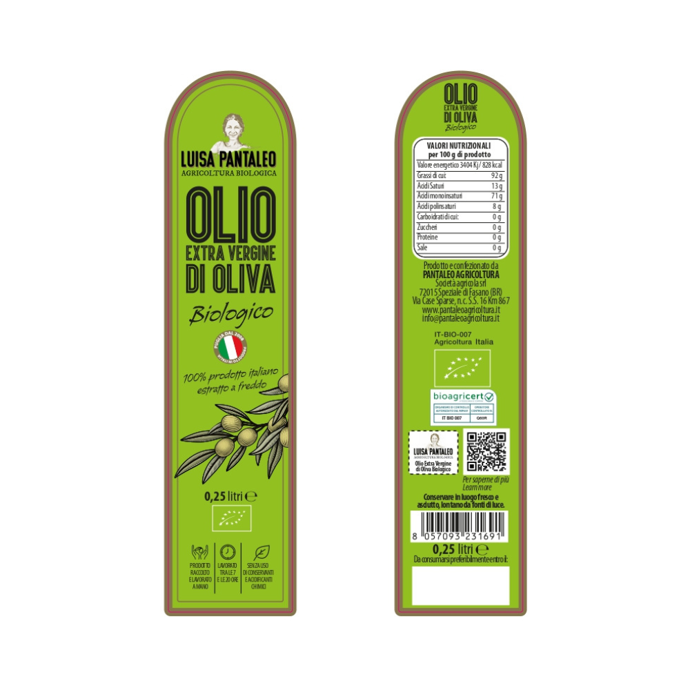 Luisa Pantaleo Organic Extra Virgin Olive Oil, 6 bottles of 0.250 liters without refilling, made in Italy