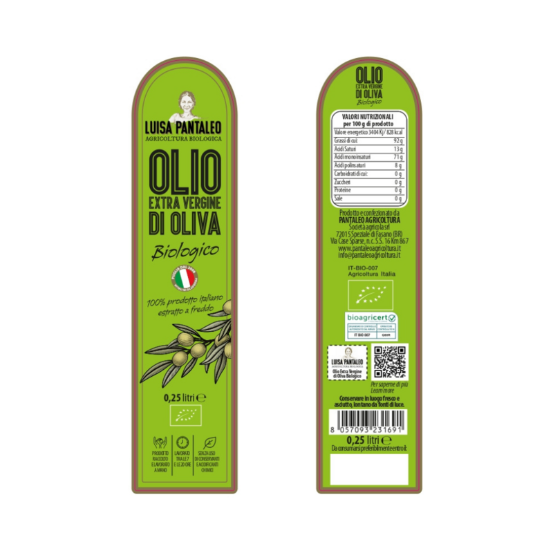 Luisa Pantaleo Organic Extra Virgin Olive Oil, 6 bottles of 0.250 liters without refilling, made in Italy