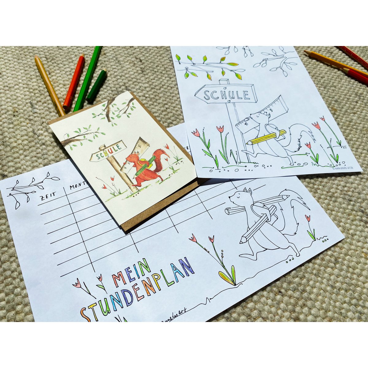 Cute school enrollment card with squirrel on the way to school adventure | Folded card + envelope