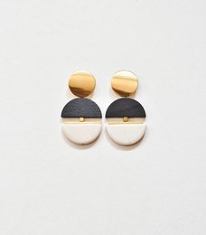 Contrast in Ecru and Black stud earrings with a modern, geometric design featuring a combination of gold, black, and white elements.