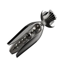 Polished metal bottle opener with a unique, sculptural design featuring a fan-like shape and textured surface.