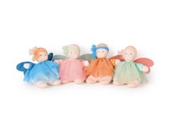 A 22cm tall natural rubber doll with a blue tulle dress, representing a fairy character. The doll has a round head and a simple, minimalist design.