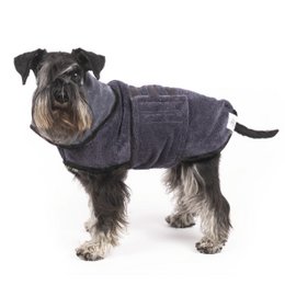 A gray dog bathrobe with a fluffy texture, suitable for small to extra-large dogs. The bathrobe has a simple, minimalist design and is made of soft, comfortable material.
