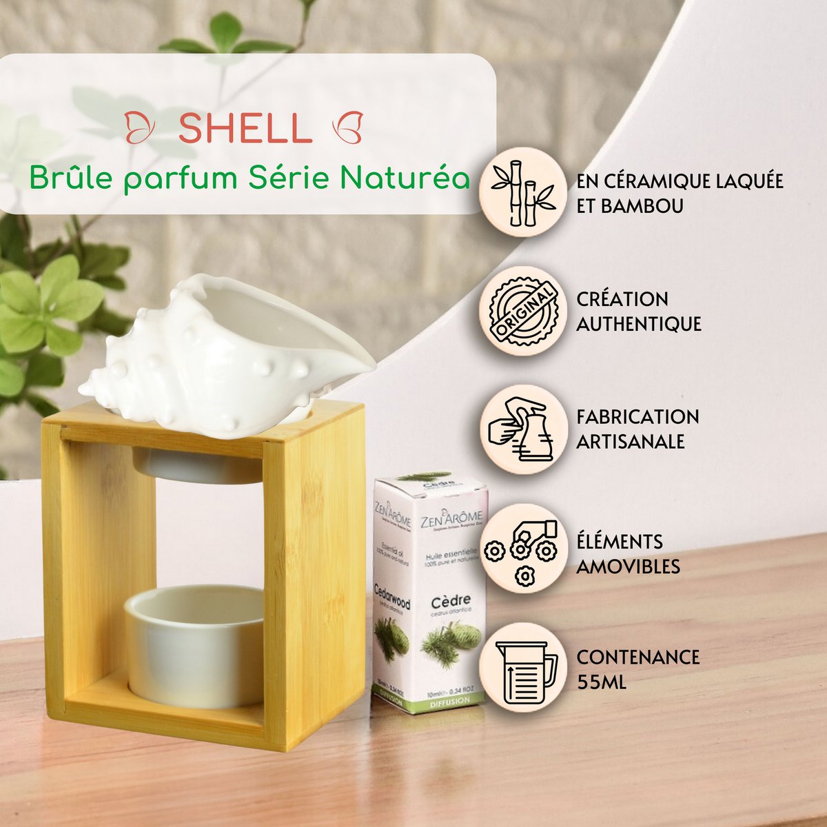 Brûle Parfum Série Naturea – Shell – en Bambou et Céramique – Design Original et Déco – Bougeoir Aromathérapie – Diffusion Huiles Essentielles, Cires, Fondants Parfumés