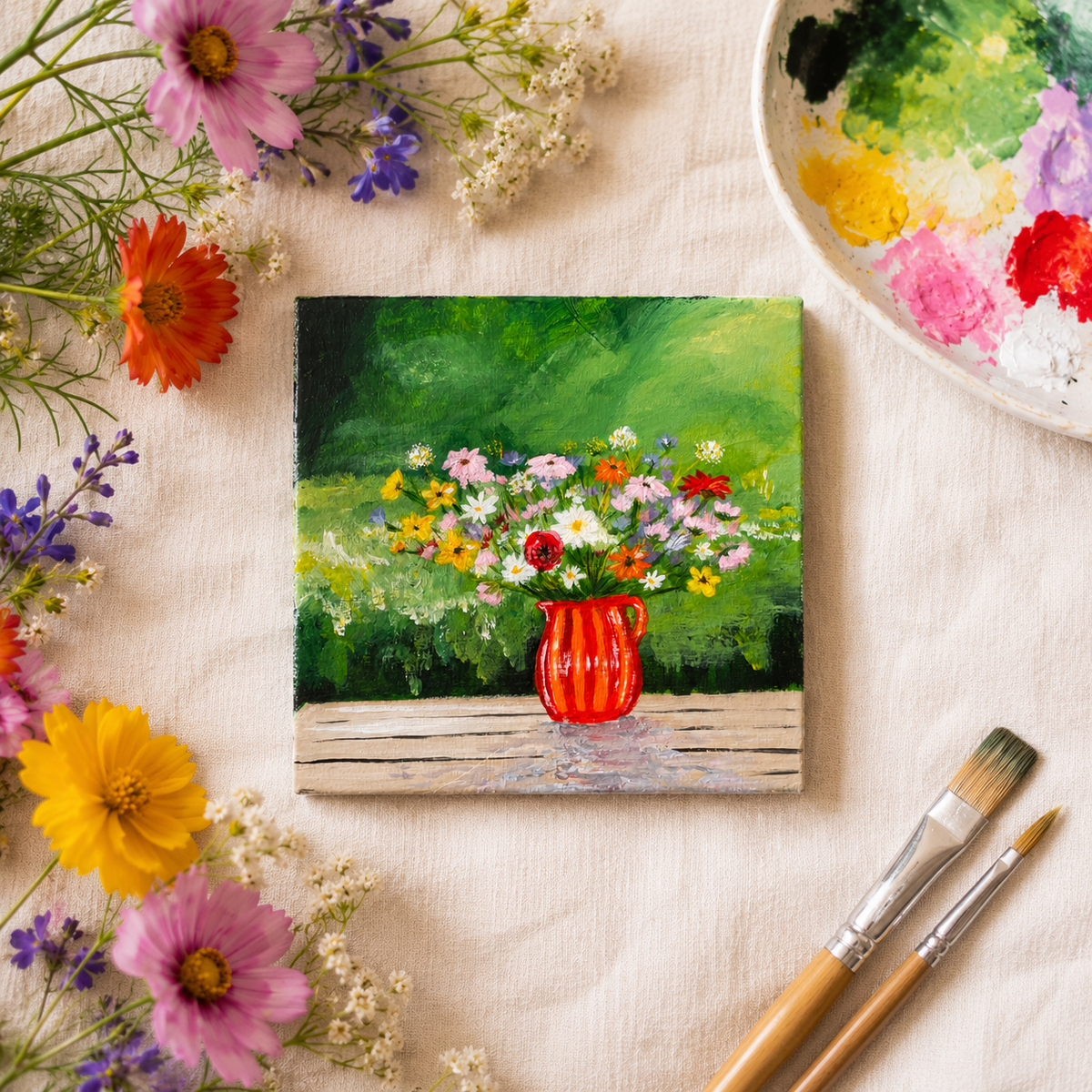 Ramo de campo en florero rojo | Azulejo pintado a mano
