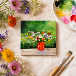 Ramo de campo en florero rojo | Azulejo pintado a mano