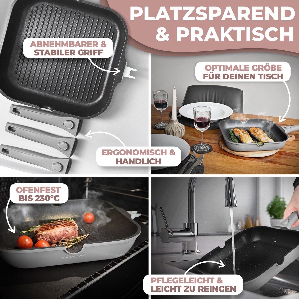 Grill Pan 28 cm, ikke -stick coating, aftagelige håndtag, induktion, ovnfestival (grå)