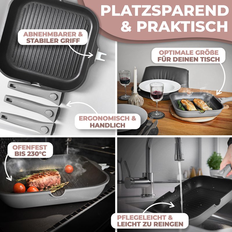 Grill Pan 28 cm, ikke -stick coating, aftagelige håndtag, induktion, ovnfestival (grå)