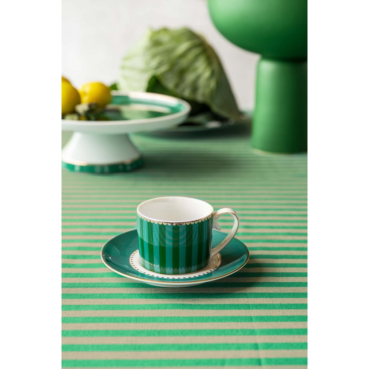 Espresso Cup & Saucer Love Birds Stripes Emerald-Green 125ml