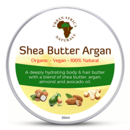 Organic, vegan, 100% natural body and hair butter with a blend of shea butter and argan oil for deep hydration.
