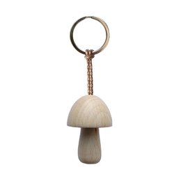  Wooden mushroom shaped keychain with stainless steel ring, natural wood finish, mystic moss style