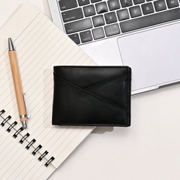  Black leather wallet with coin pocket and 4 card slots, made of premium Napa leather.