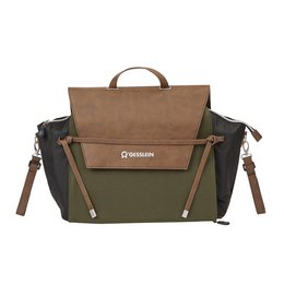 A stylish and functional diaper bag in a neutral green color, featuring a suede-like material and a sleek, modern design.