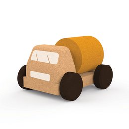  Wooden toy tanker truck in a simple, minimalist design. The truck features a yellow body and black wheels, suitable for young children to play with.