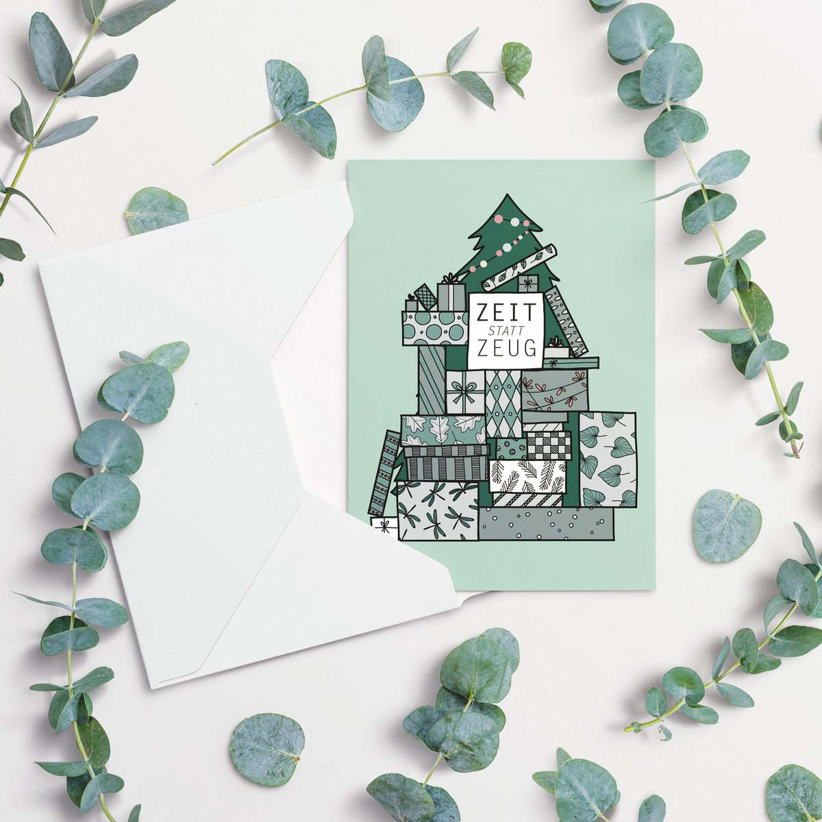 Temps de carte pliante au lieu de trucs, pile de cadeaux avec arbre de Noël
