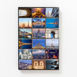 "Dark chocolate box with Paris-inspired imagery. Includes milk chocolate and dark chocolate variants."
